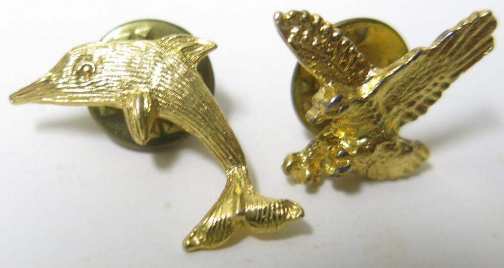 Vintage Eagle and Dolphin Pins Gold Tone Patriotic Nature Uniform Collectible